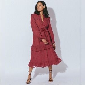 Cleobella Iris Ruffle Boho Prairie Midi‎ Dress Red Small NWT Romantic